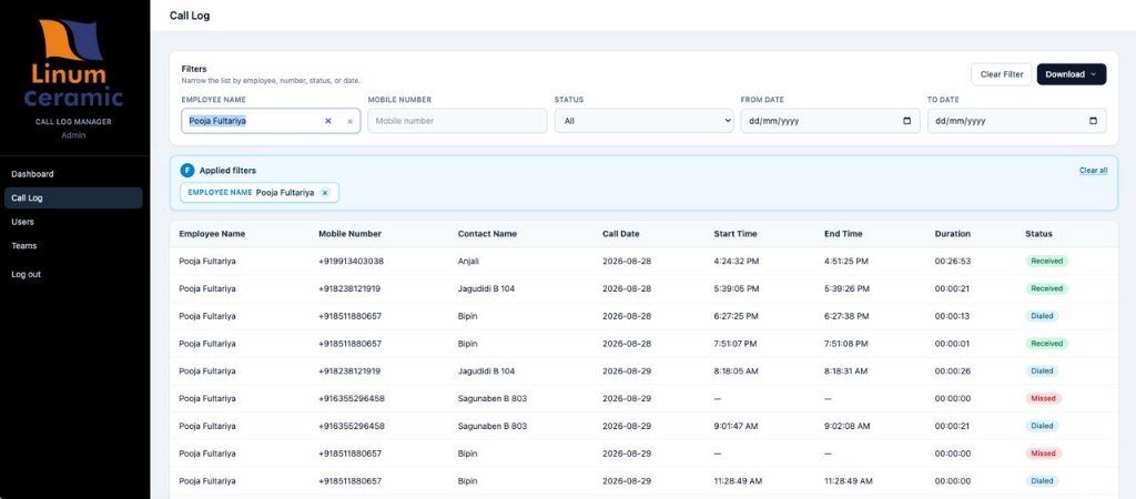 Call log list filtered by employee, showing mobile numbers, contact names, times, durations and call status badges.
