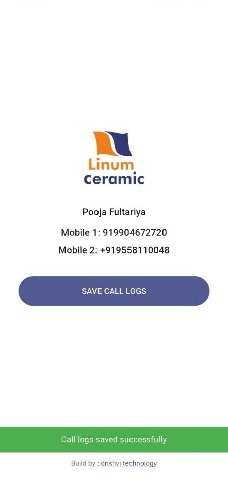 Call Log Manager Android app screen with a Save Call Logs button and a green success confirmation.